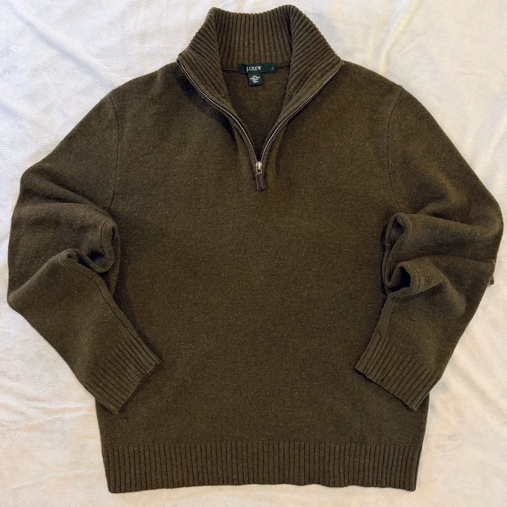 J Crew Lambswool Half Zip Sweater Mens L Olive Green Mock Neck Pullover 100%